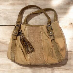 Relic Natural Canvas Faux Straw Detail Handbag Purse Key Fob Tassle